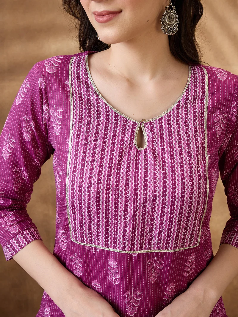 globus Burgundy Globus Women Burgundy Keyhole Neck Floral Print Gotta Lace Straight Kurta & Wide Leg Pants Workwear Set for Women | Best Price UAE